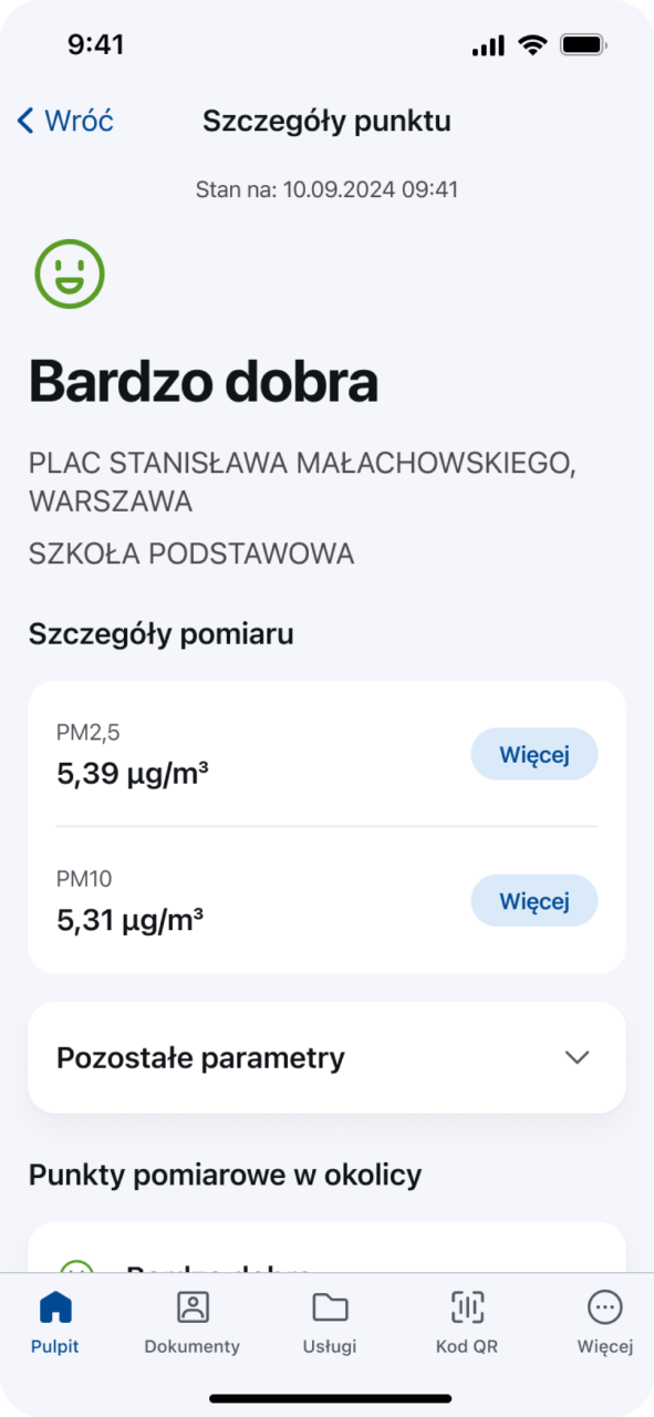 mobywatel jakość powietrza - screen z aplikacji