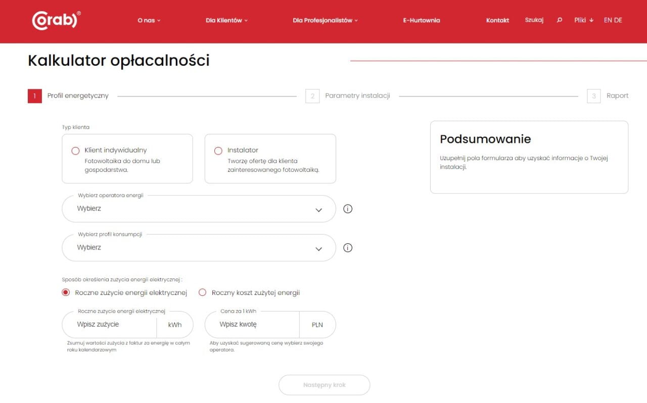 Kalkulator opłacalności instalacji fotowoltaicznej z formularzem informacji o profilu energetycznym klienta, wyborze operatora energii, profilu konsumpcji i sposobu określenia zużycia energii elektrycznej.