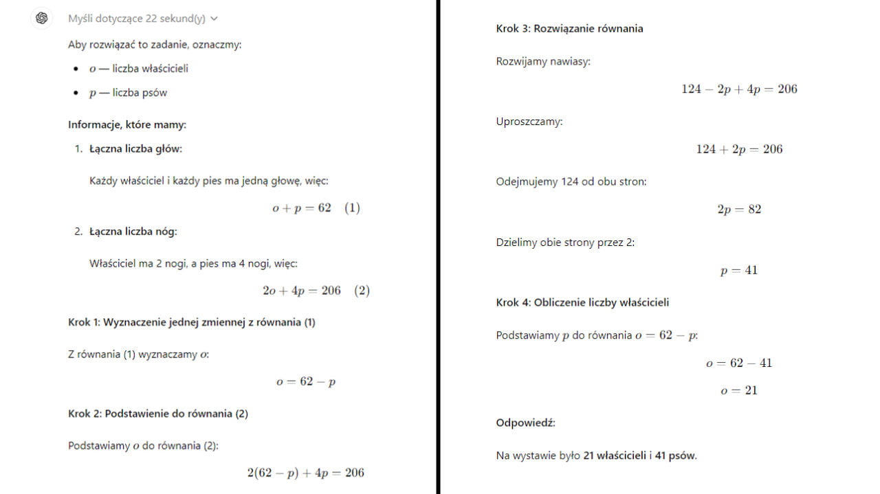 Obraz przedstawia rozwiązanie zadania z matematyki, gdzie obliczana jest liczba właścicieli psów i psów na podstawie liczby głów i nóg.