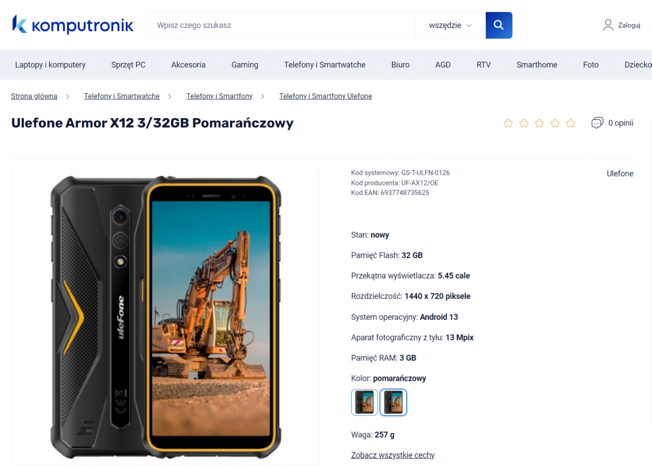 Ulefone Armor X12 3/32GB Pomarańczowy widok z przodu i tyłu, obok specyfikacja techniczna.