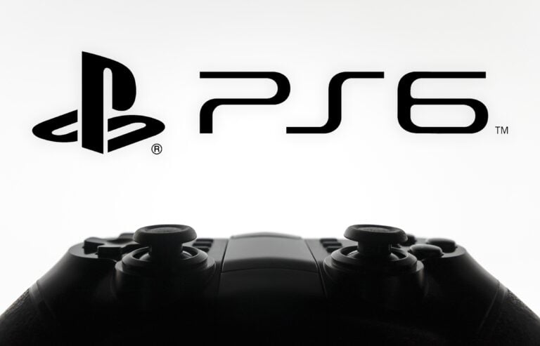 Logo PlayStation 6 z czarnym kontrolerem do gier na białym tle.