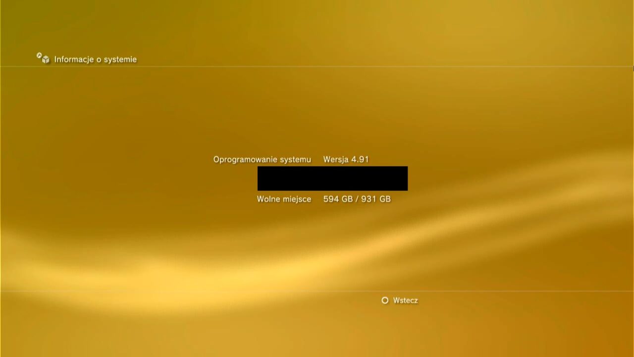 Ekran informacji o systemie z konsoli, pokazujący wersję oprogramowania 4.91 i dostępne miejsce na dysku 594 GB z 931 GB.