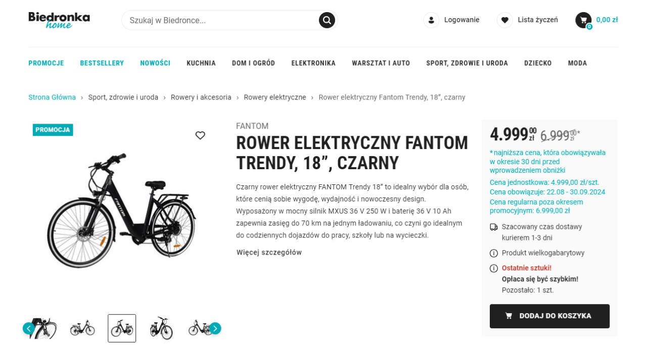 Czarny rower elektryczny FANTOM Trendy 18" na stronie Biedronka Home w cenie 4999 zł.