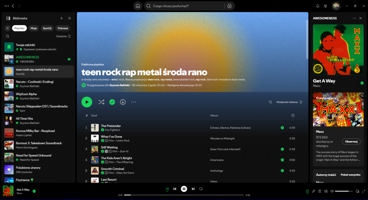 Zrzut ekranu aplikacji Spotify ze szczegółami playlisty "teen rock rap metal środa rano".