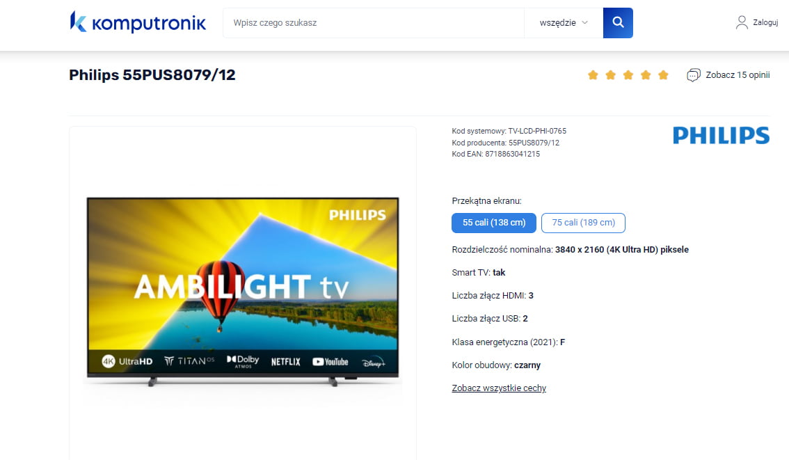 Telewizory Philips 55PUS8079/12 ze sklepu Komputronik, z funkcją Ambilight, przekątną ekranu 55 cali (138 cm), rozdzielczością 3840 x 2160 (4K Ultra HD), Smart TV, 3 złączami HDMI, 2 złączami USB, klasą energetyczną F i czarną obudową.