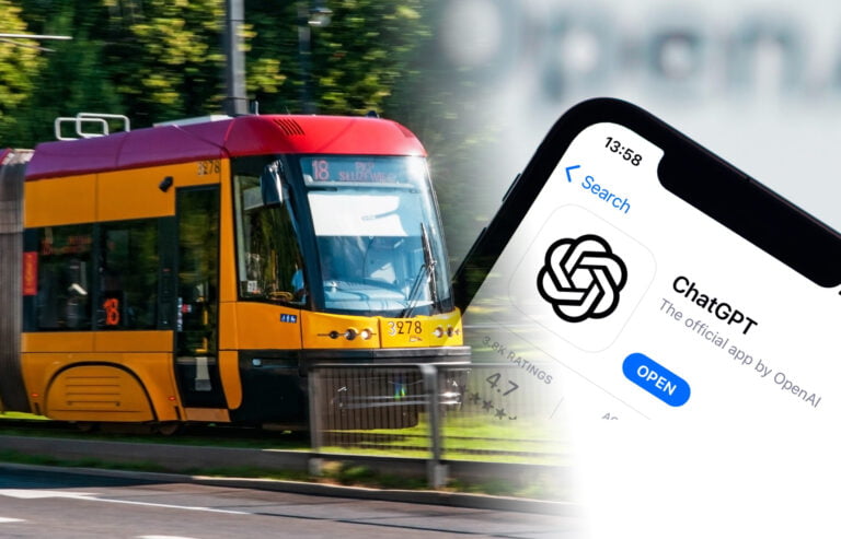 Żółto-czerwony tramwaj i ekran smartfona z aplikacją ChatGPT.