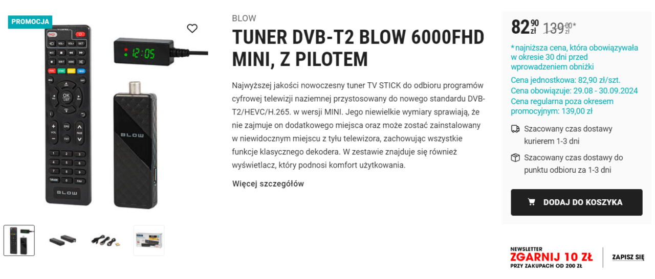 Tuner DVB-T2 BLOW 6000FHD Mini z pilotem, wyświetlaczem i kablem HDMI w promocji za 82,90 zł.