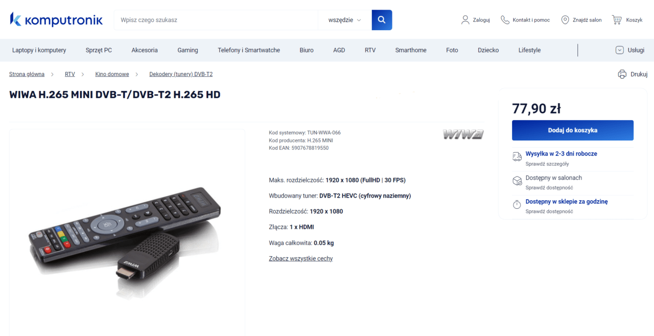 Strona internetowa Komputronik z dekoderem WIWA H.265 MINI DVB-T/DVB-T2 H.265 HD i informacjami o produkcie oraz ceną 77,90 zł.