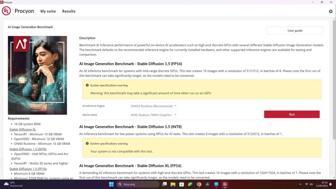 Ekran z aplikacji Procyon pokazujący wymagania i uruchamiane testy dla modeli generowania obrazów AI.