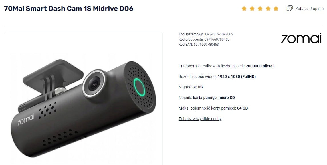 Kamera samochodowa 70Mai Smart Dash Cam 1S Midrive D06 z obiektywem, uchwytem i logo 70mai.