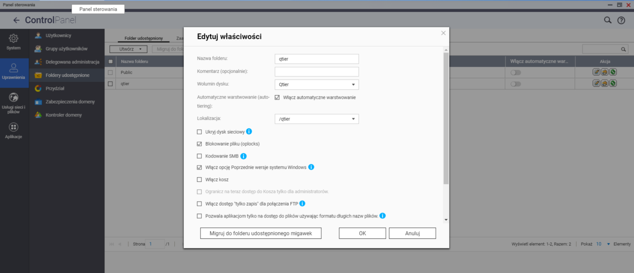 QNAP TS-432X wlasciwosci folderow udostepnionych