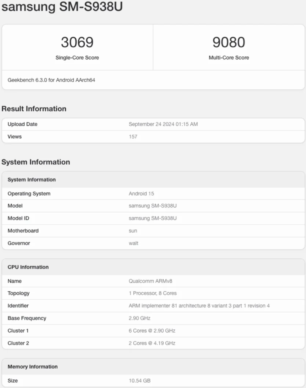 Wynik Geekbench dla Samsung SM-S938U pokazujący 3069 punktów w teście jednowątkowym i 9080 punktów w teście wielowątkowym.