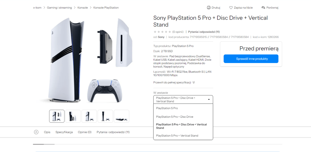 Sony PlayStation 5 Pro + Disc Drive + Vertical Stand na stronie sklepu internetowego, przedstawiający konsolę, kontroler oraz elementy w zestawie.