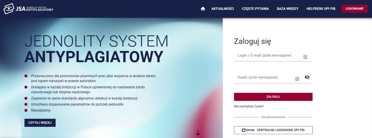 Jednolity System Antyplagiatowy wykrywa teksty stworzone przez AI, formularz logowania.