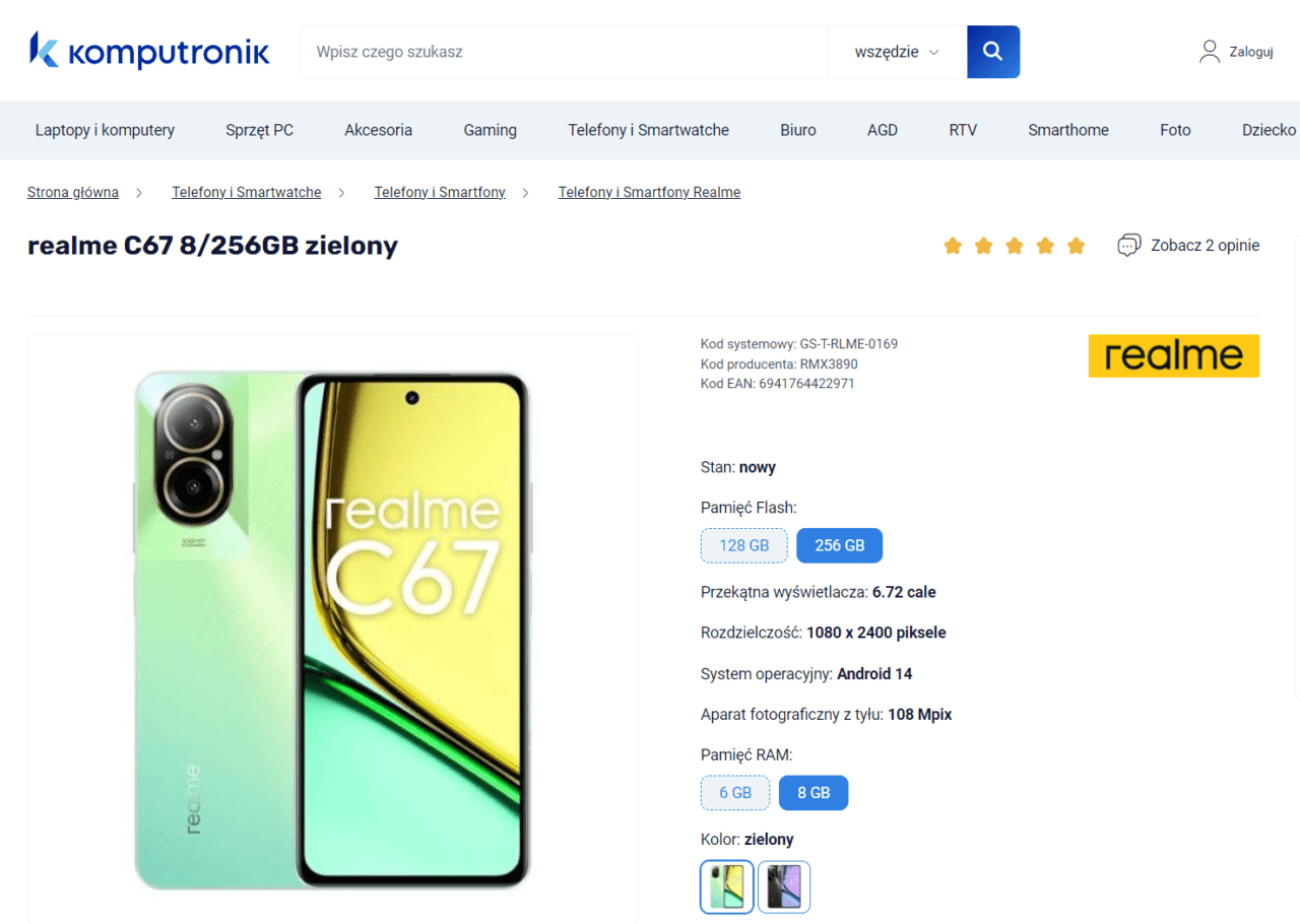 realme C67 8/256GB zielony na stronie internetowej Komputronik, posiadający ekran 6,72 cala, rozdzielczość 1080 x 2400 pikseli, aparat 108 Mpix, Android 14, stan nowy.