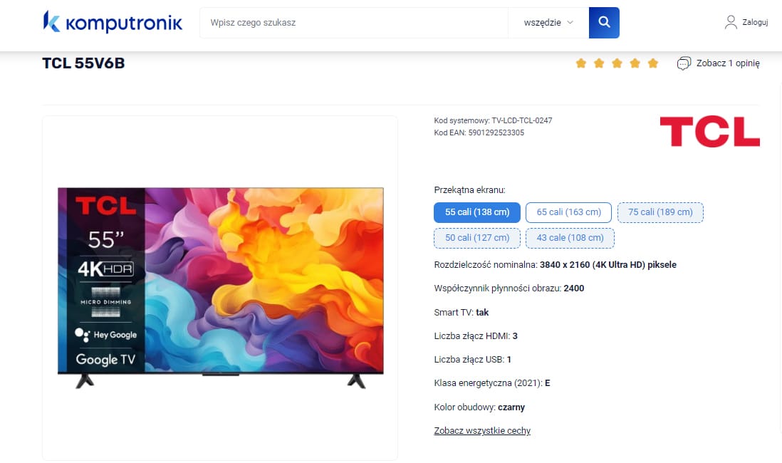 TCL 55-calowy telewizor z 4K HDR z funkcją Google TV na stronie sklepu Komputronik.